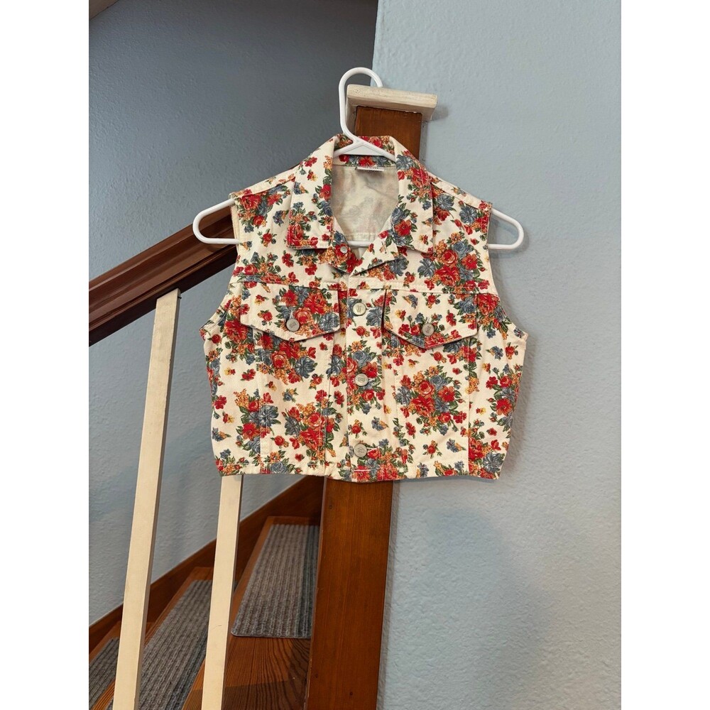bongo vtg 90s mom S 100% cotton denim floral boho vest grunge USA made